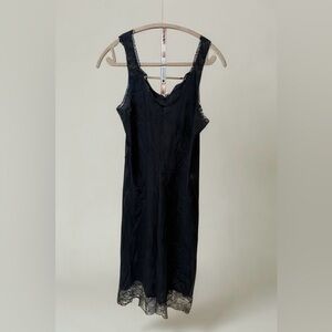 🙂 Vintage Shadowline Black Nylon Slip Dress Lace Trim Lingerie Whimsigoth